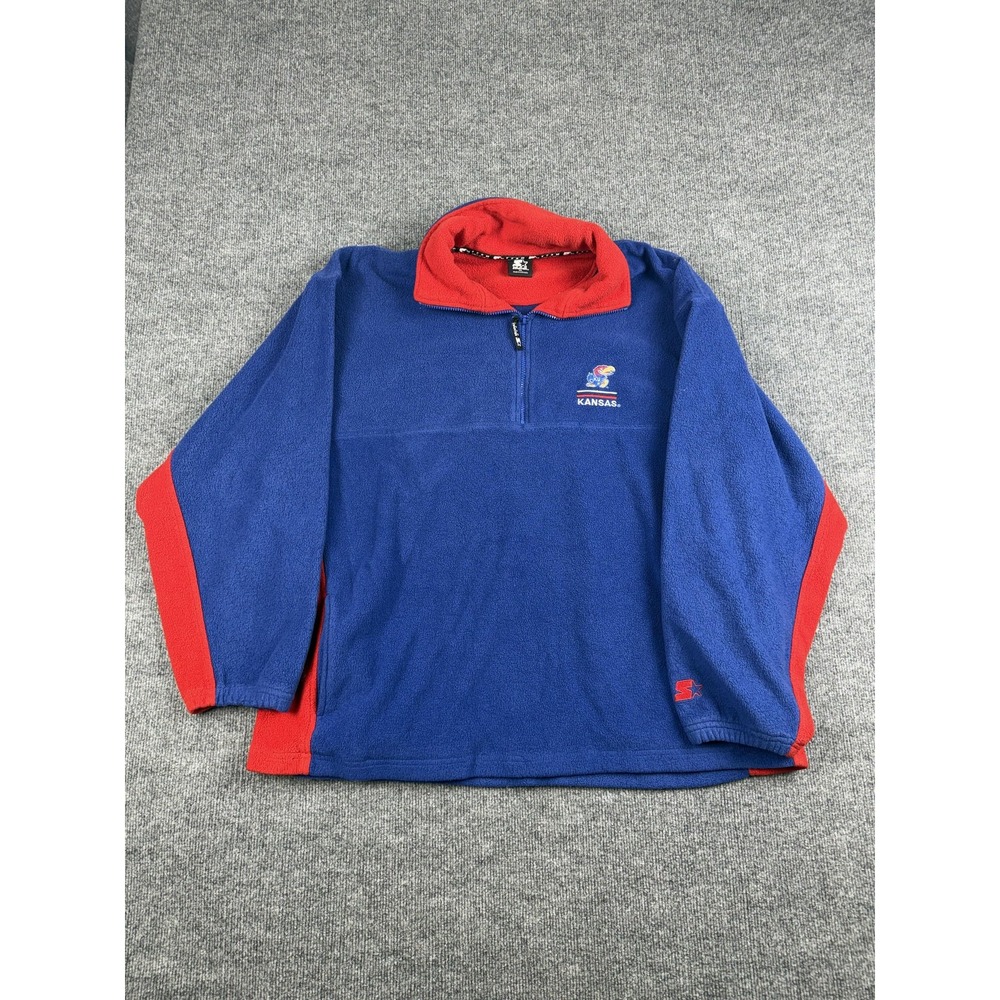 Kansas Jayhawks Fleece Pullover‎ Mens 2XL Blue Red NCAA Basketball Warm Starter